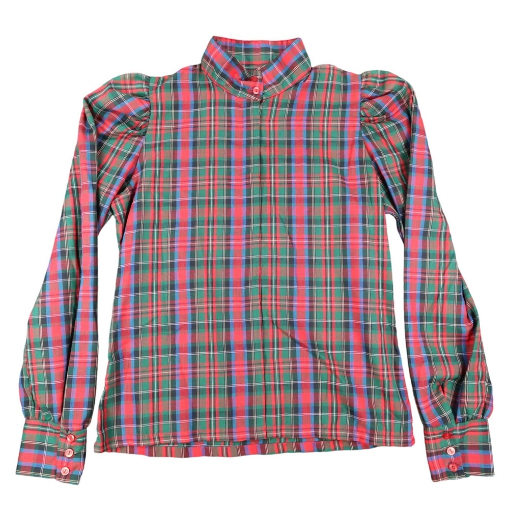 Fancy Free Plaid Blouse Womens 9 Vintage 80s Red Green Puff Shoulder Mock Neck